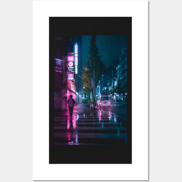 Japanese Walking home in the rain from the grind. Pink and purple reflections. Wall Art by TokyoLuv